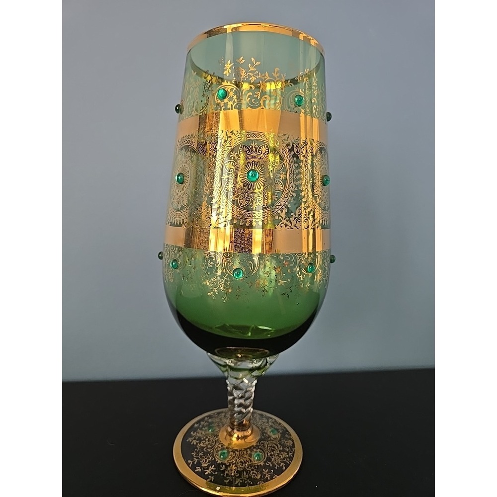 Bohemian Jeweled Green Crystal Goblet Braided Stem - Egermann Moser Style Boho